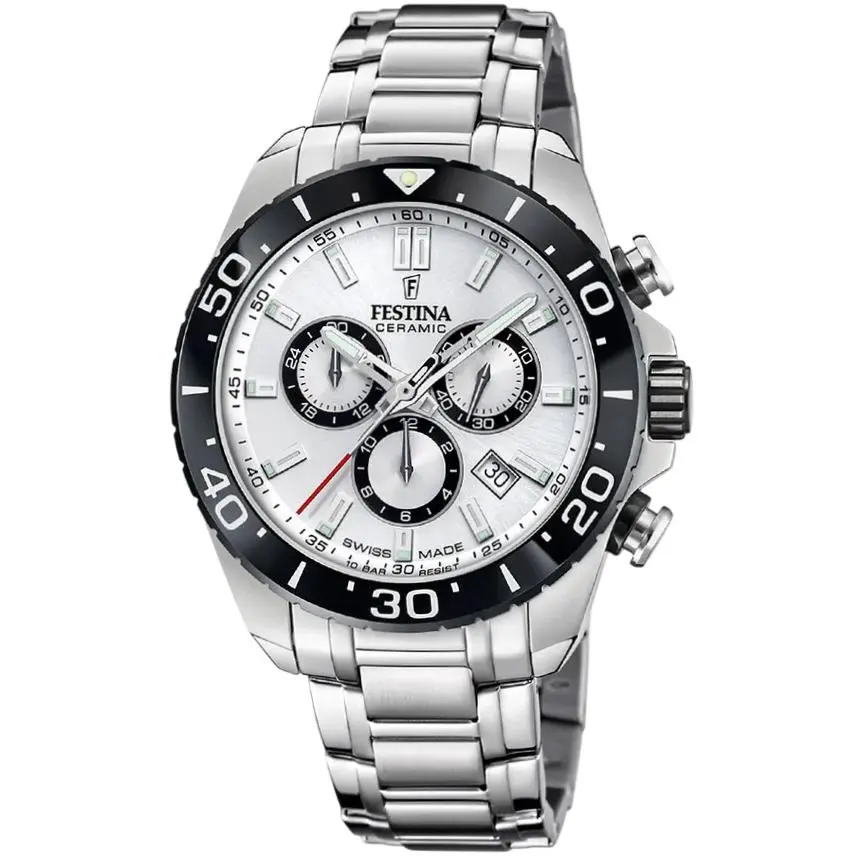 Chronograph Ceramic Quartz 44mm Silver Dial SS Men`s Watch F20042-1 by Festina