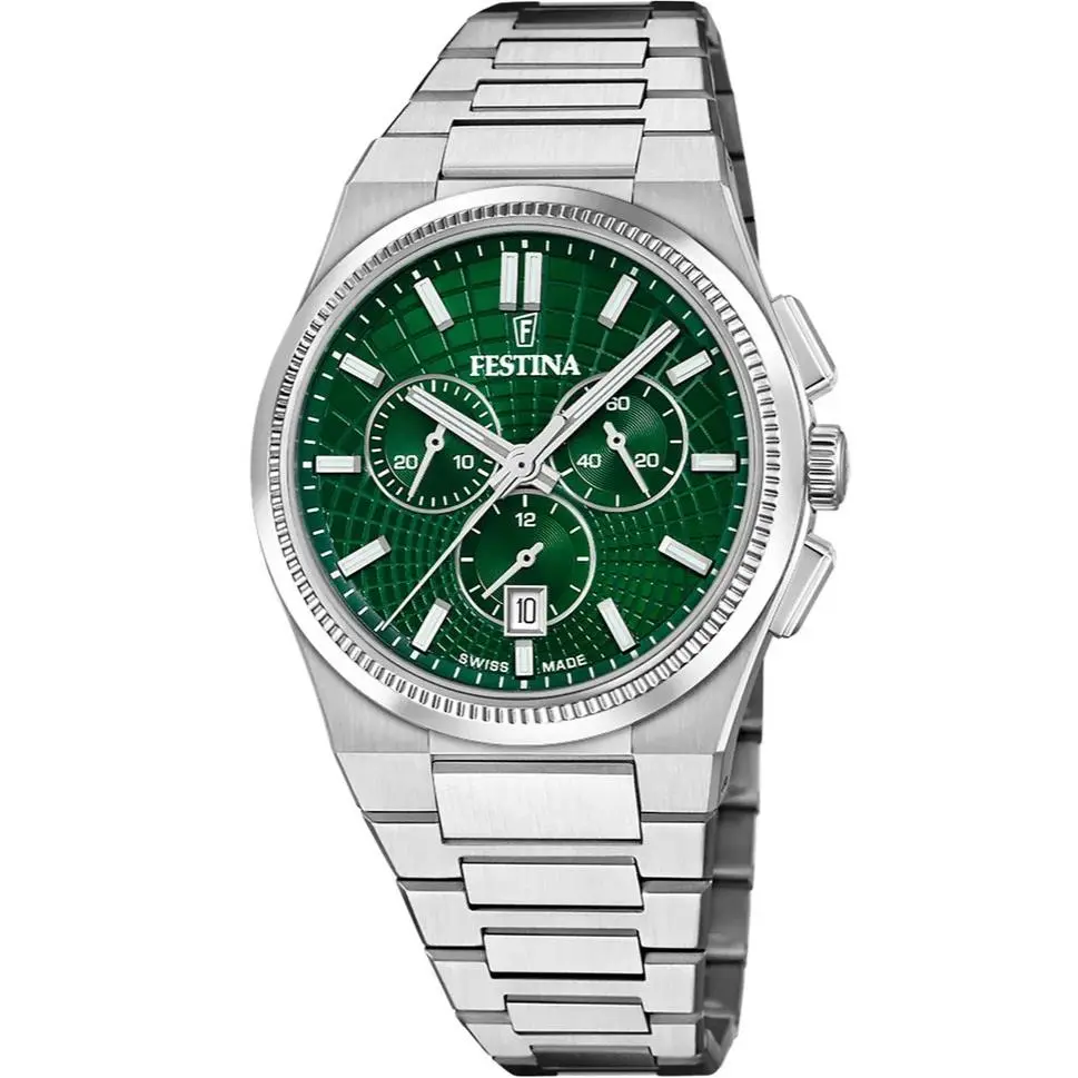Rive Chronograph Quartz 42MM Green Dial SS Men`s Watch F20059-3 by Festina