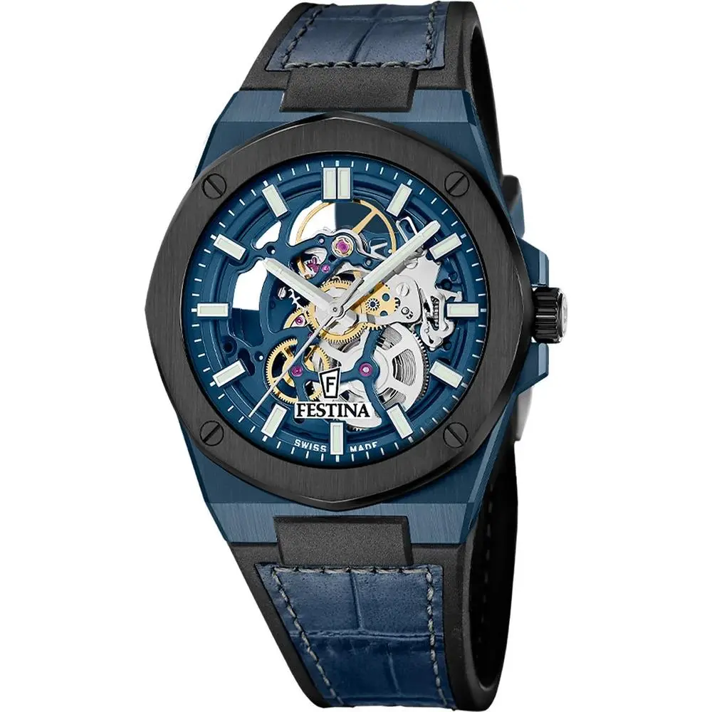 Montre Skeleton Automatic 42mm Blue Leather Men`s Watch F22011-1 by Festina