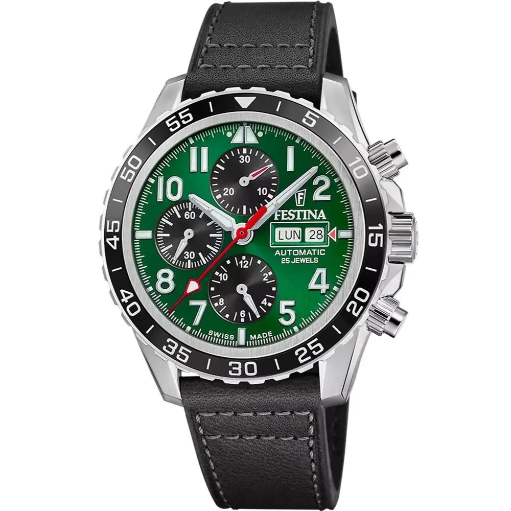 Aviator North Chrono Auto 46MM Green Dial Leather Men`s Watch F20056-2 by Festina