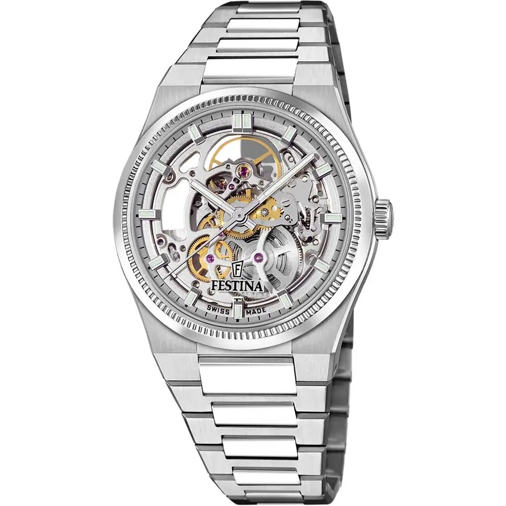 Rive Skeleton Automatic 40mm Silver Dial SS Men`s Watch F20069-1 by Festina