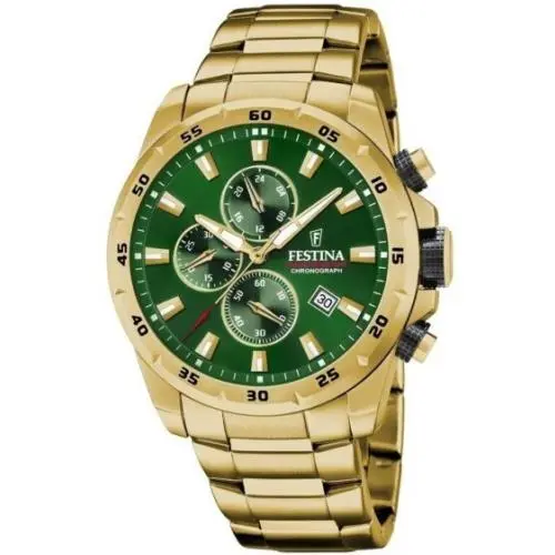 Chrono Sport Gold Stainless Steel Quartz Green Dial Men`s Watch F20541-3 by Festina