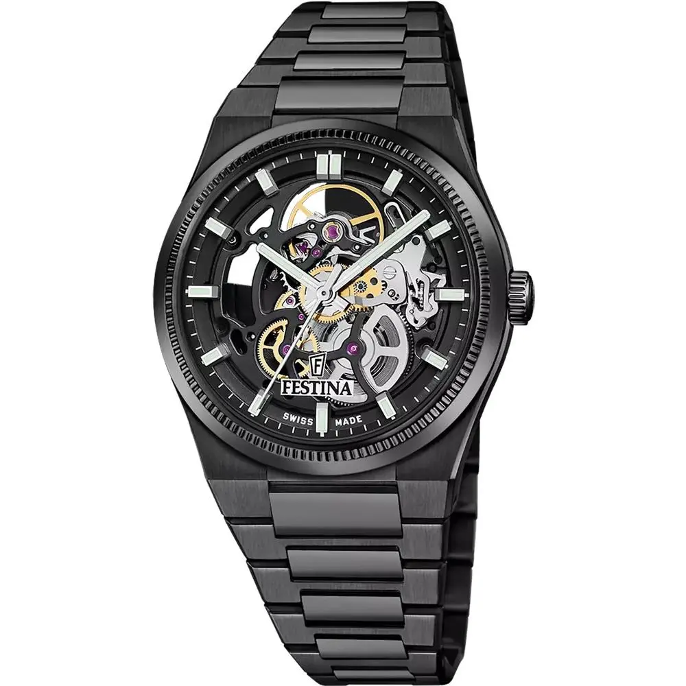 Rive Skeleton Automatic 40mm Black Dial SS Men`s Watch F20070-1 by Festina