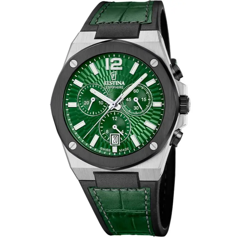 Vallee Chronograph Quartz 42mm Green Leather Men`s Watch F22003-3 by Festina