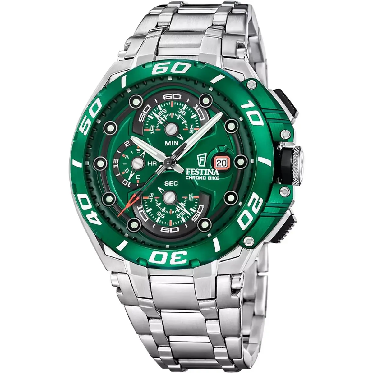 Chrono Bike Stainless Steel Green Dial 46MM Quartz Men`s Watch F20754-5 by Festina