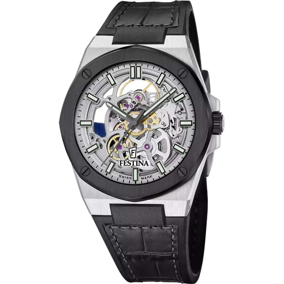Montre Skeleton Automatic 42mm Black Leather Men`s Watch F22009-1 by Festina