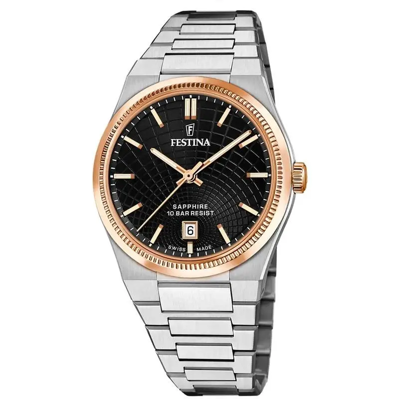 Swiss Made Rive Stainless Steel Black Dial Men`s Quartz Watch F20024-6 by Festina