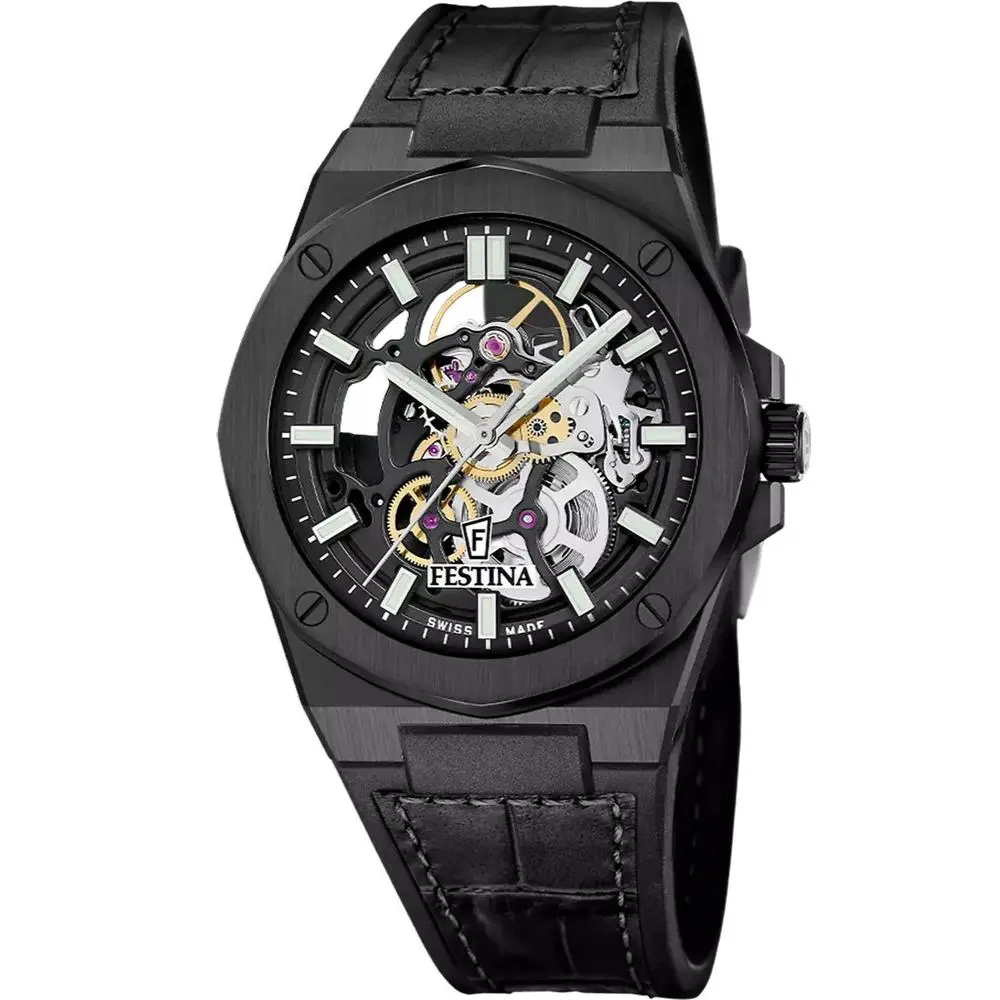 Montre Automatic 42mm Black Dial Leather Men`s Watch F22015-1 by Festina