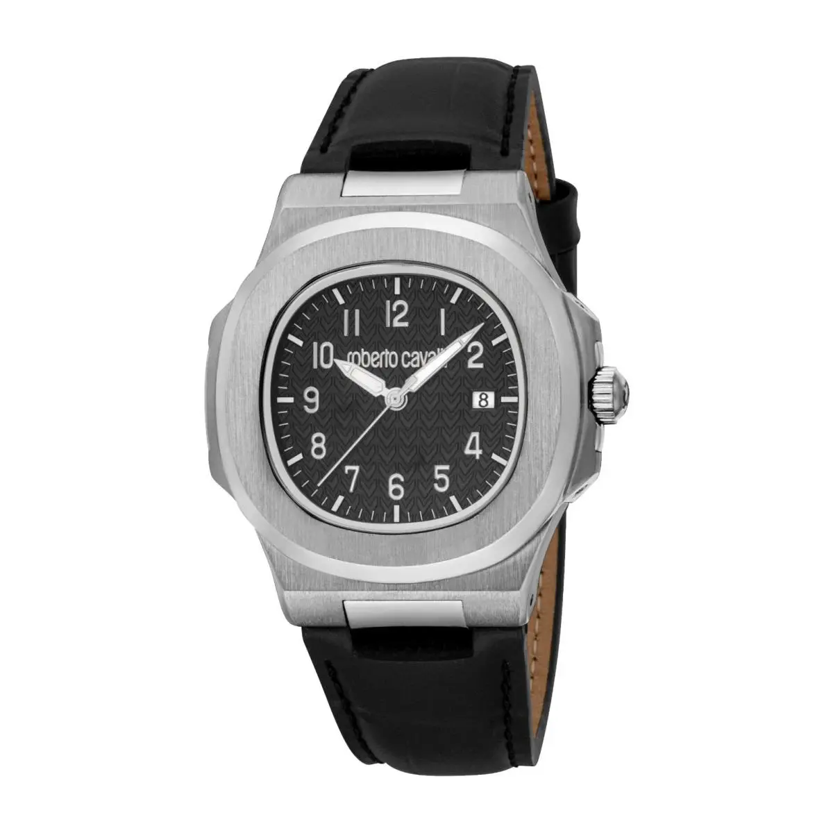 Men`s RC5G166L0015 Black Guilloche Dial Leather Quartz Watch by Roberto Cavalli