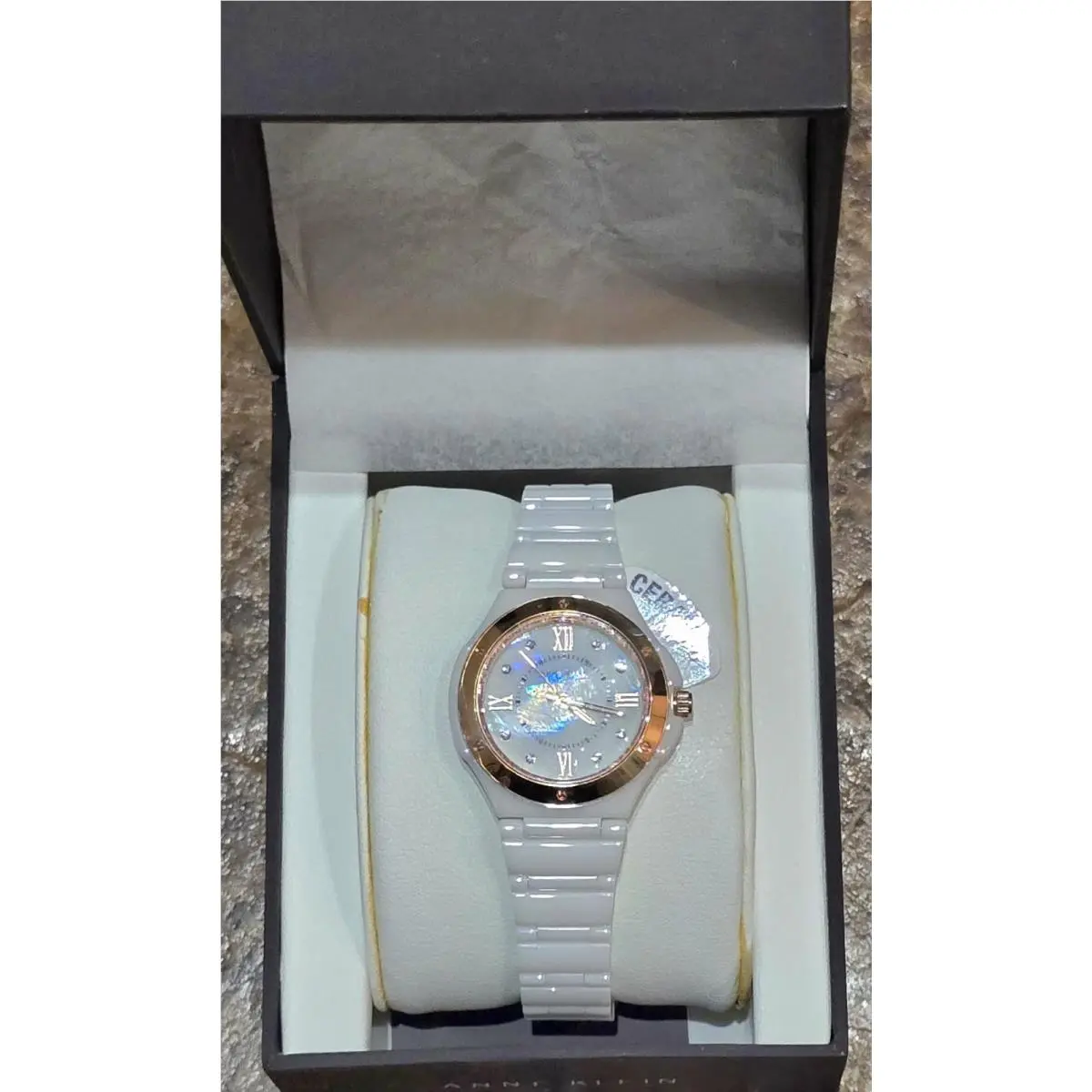 Ann Klein White Ceramic Wristwatch Rose Gold-tone Bezel Mother-of-pearl Dial by Anne Klein