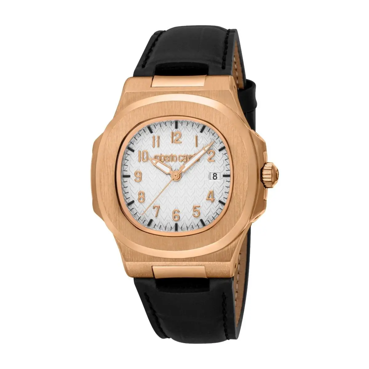Men`s RC5G166L0035 White Guilloche Dial Leather Quartz Watch by Roberto Cavalli