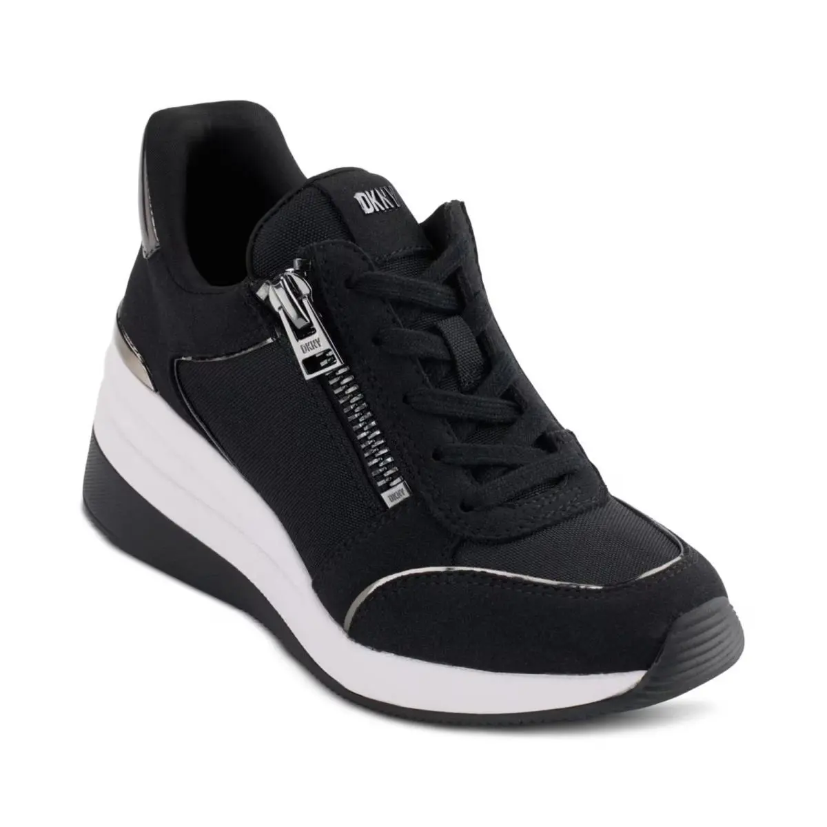 Women`s Dkny Kaden Lace-up Zip Wedge Sneakers Black/ Dark Gunmetal