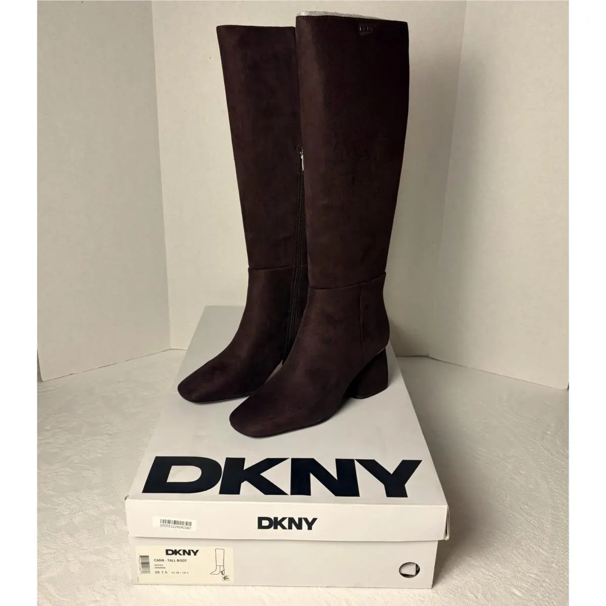 Dkny Cana Knee High Suede Boots Chocolate Brown Square Toe Block Heel Size 7.5