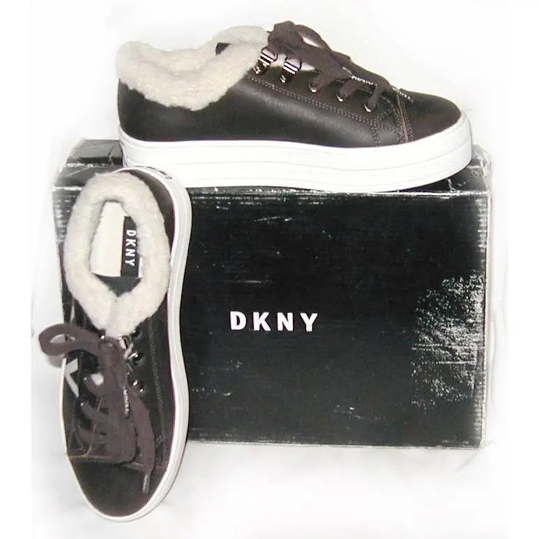 Dkny Women`s Suri Lace Up Platform Sneakers Leather Shearling Box 6.5