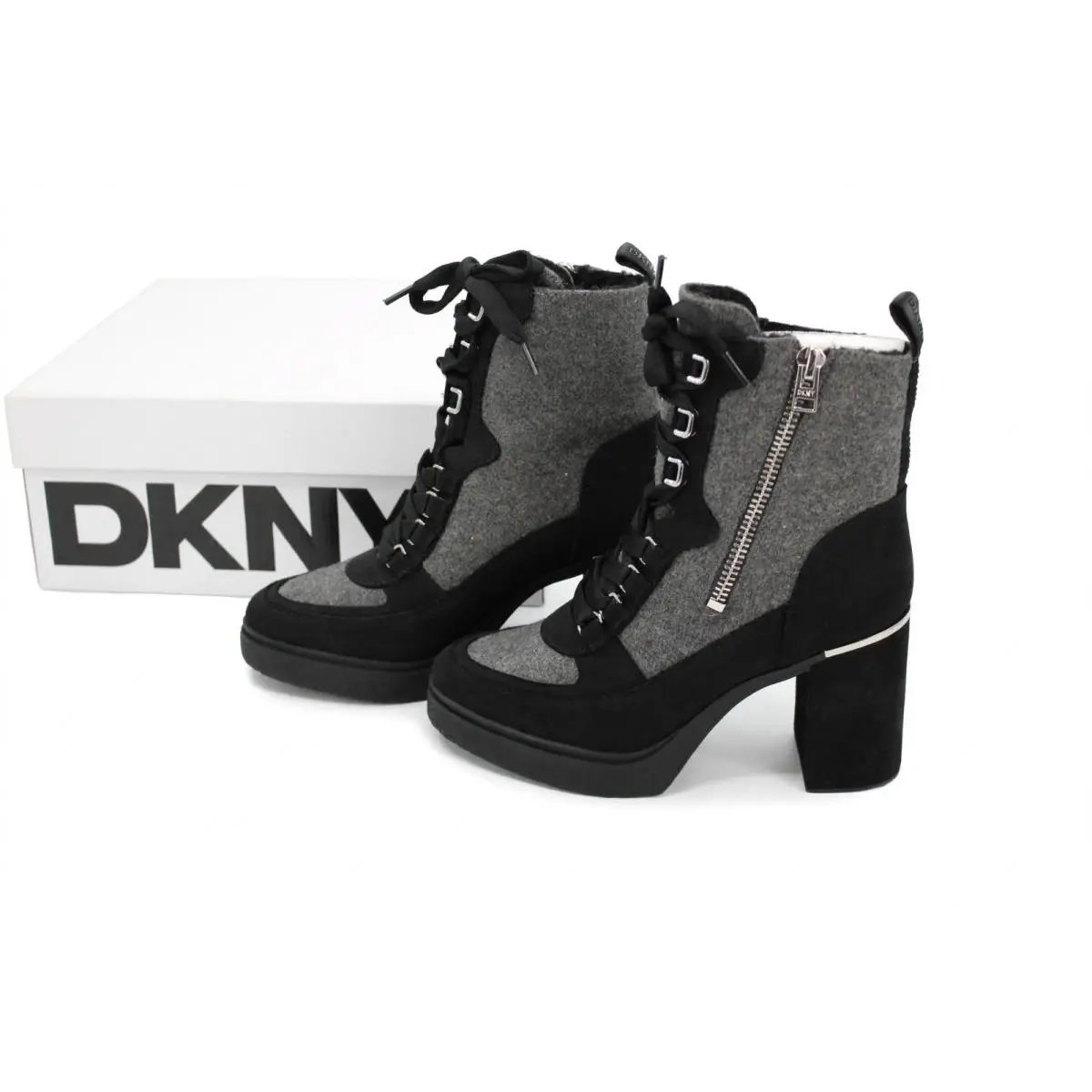 Dkny Eyelet Boots 10M Gray Wool Felt Black Lace Up Combat Heeled Boots