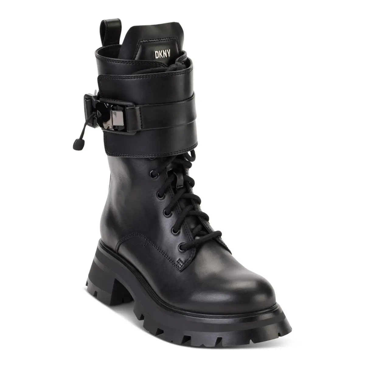 Dkny Womens Black 1 Platform Buckled Sava Toe Block Heel Leather Combat Boots 5 - Black