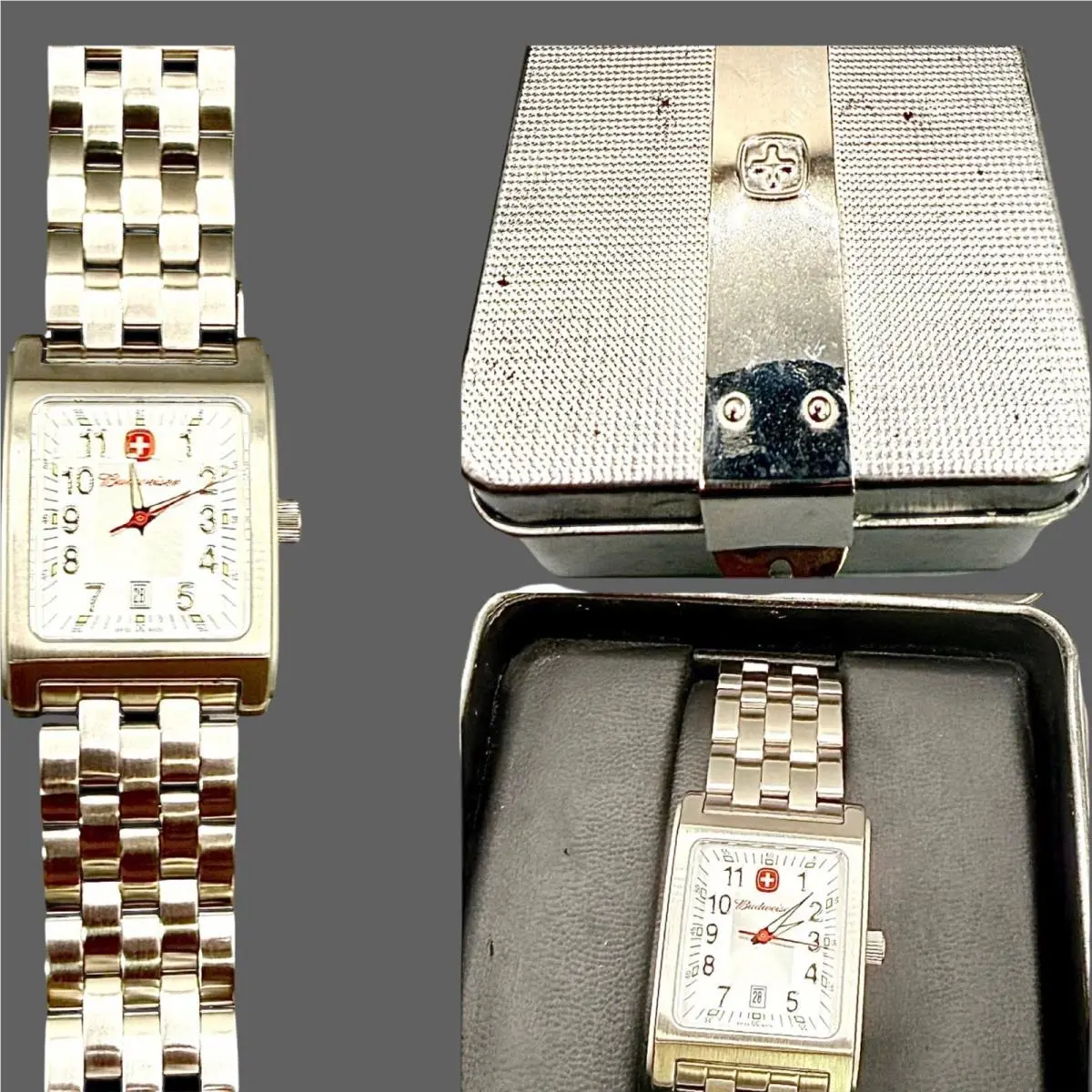 Budweiser Swiss Made Rectangular Stainless Steel Watch +box 093.0945 by Wenger