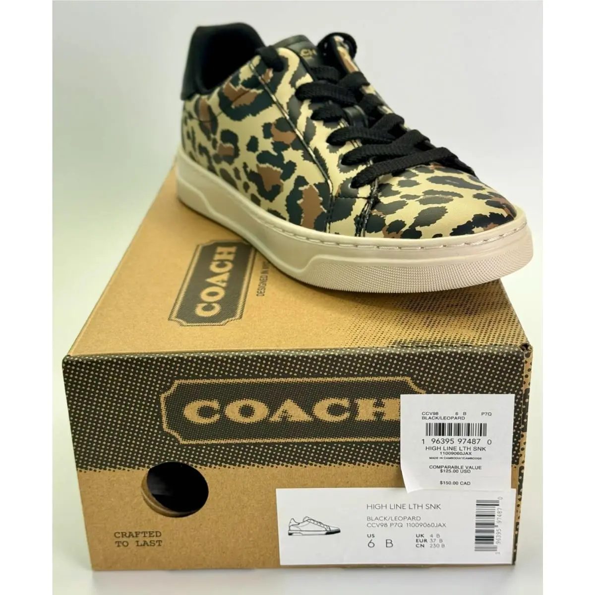 Coach High Line Leather Sneaker Leopard Print Lace up Shoes Womens