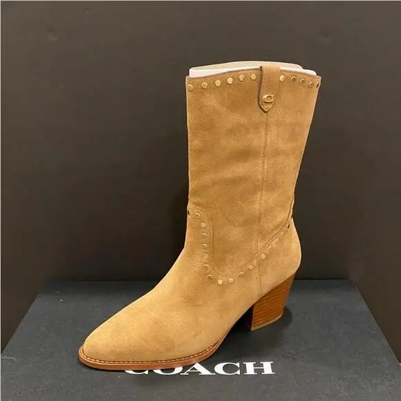 Coach Pheobe Coconut Tan Cowboy Mid Calf Pull On Boots Bootie Shoes 9