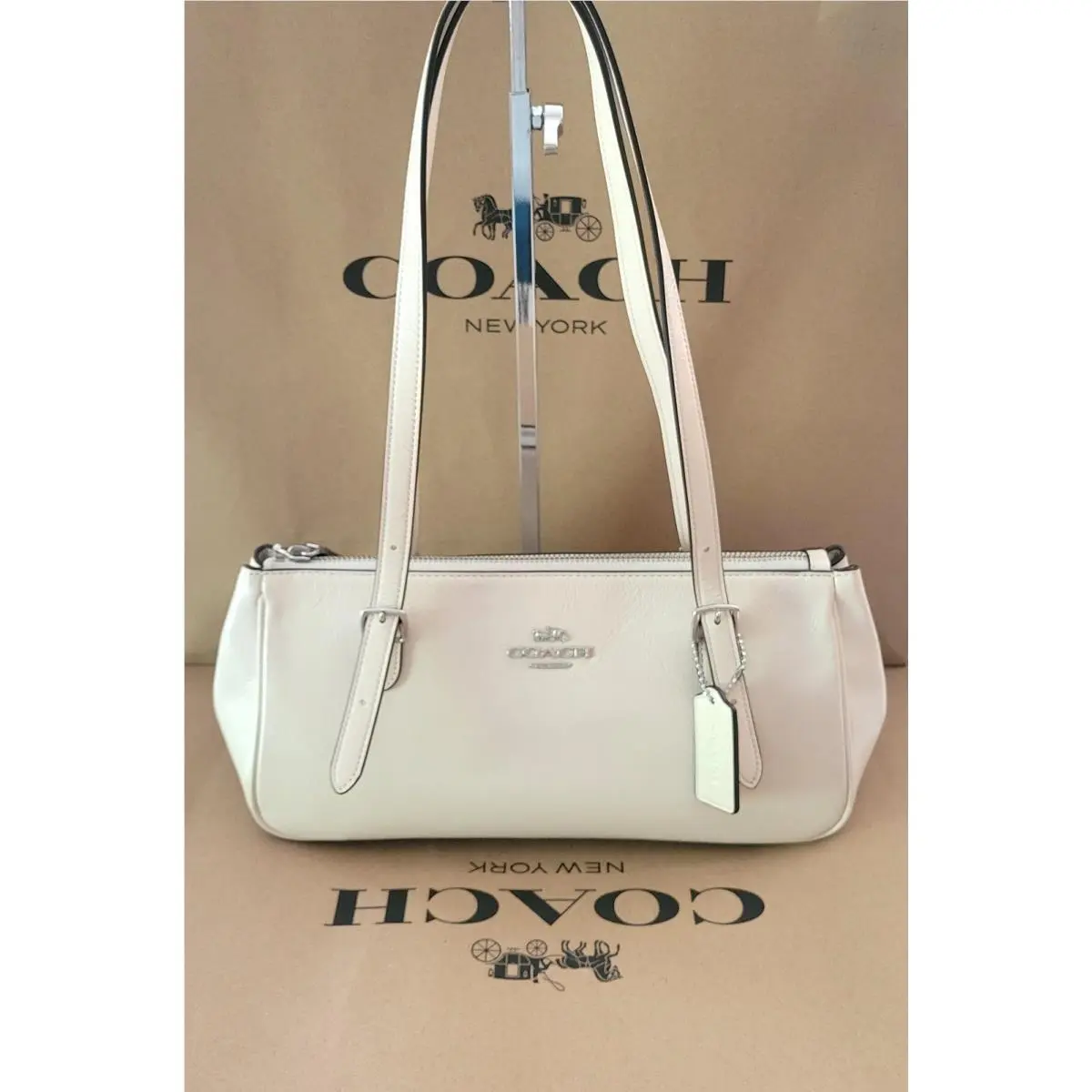 CBJ05 Glazed Leather Asher Shoulder Bag Handbag Chalk Silver by Coach