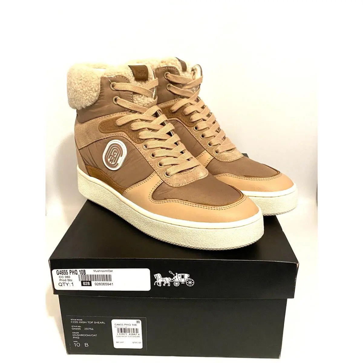 Coach C220 Women`s Size 10 High Top Shearling Sneaker Mushroom Oat Color