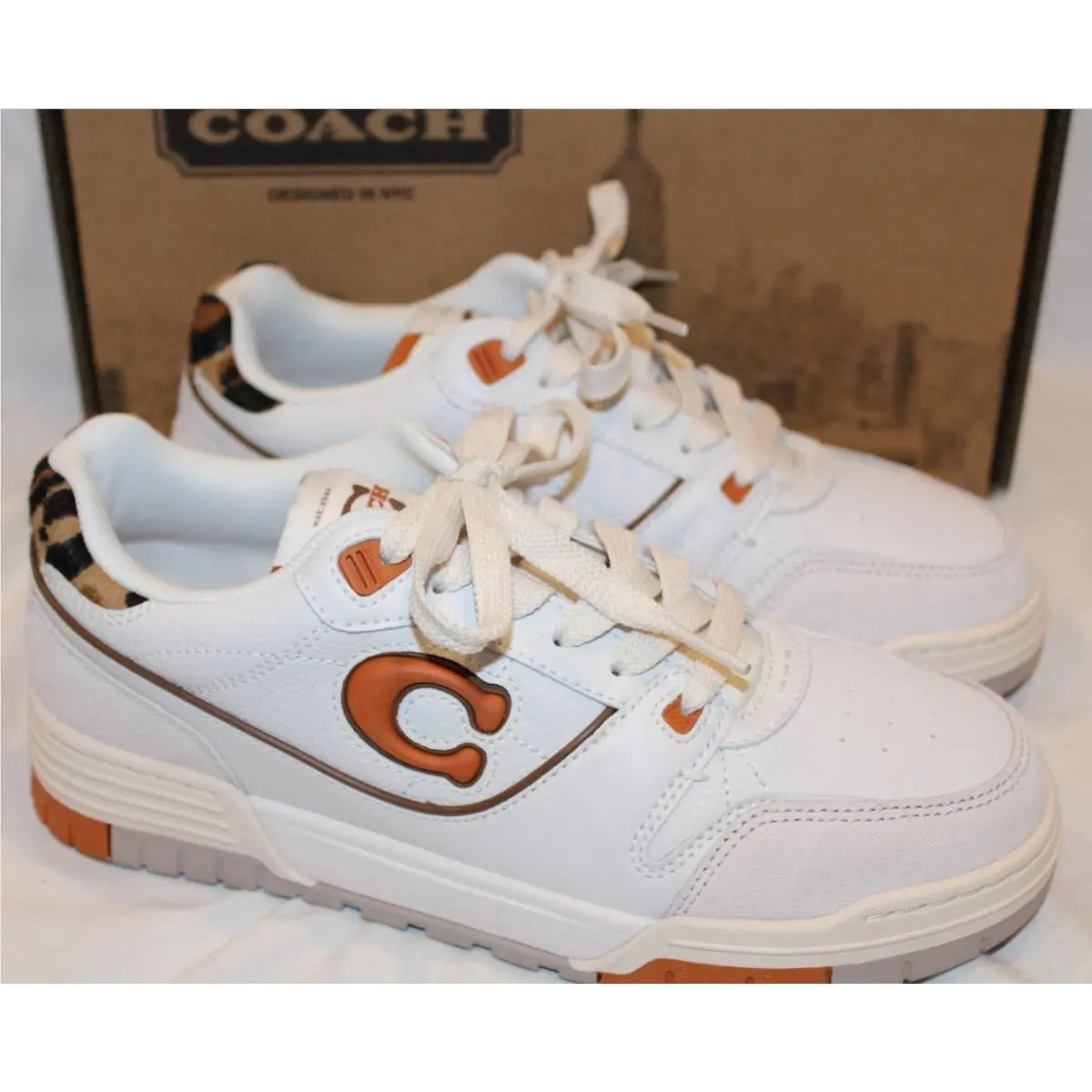 Coach Women`s Soho Leather Sneakers White Toffee Leopard SZ 8.5