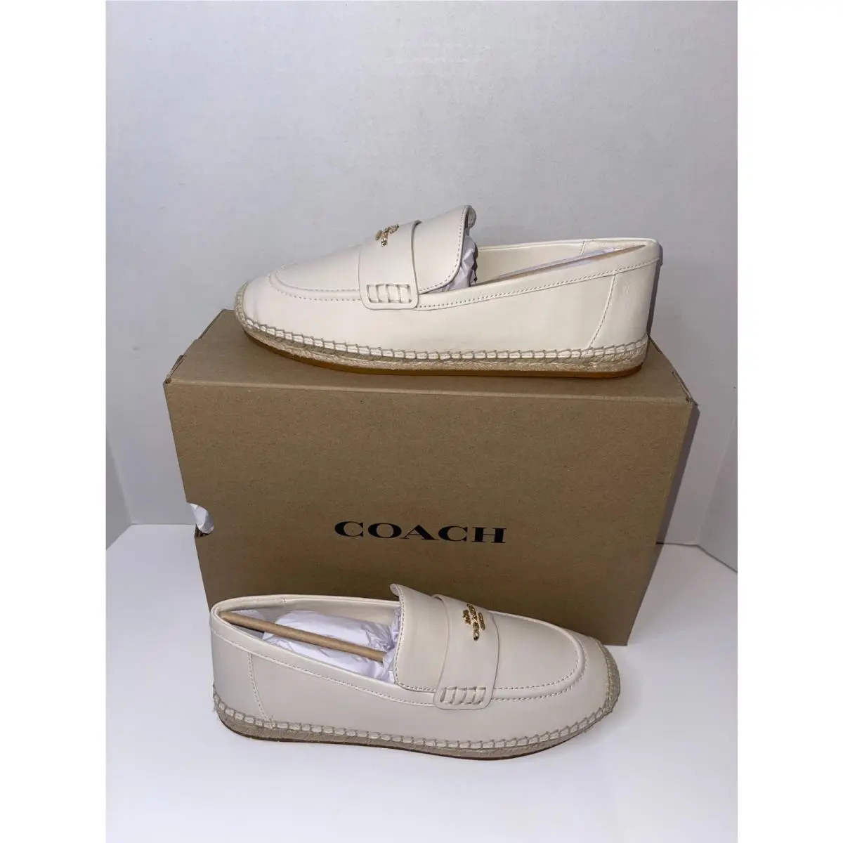 Women`s Coach Loafer Espadrille Shoes – Chalk Luxe Leather Slip-on - Size 8.5B