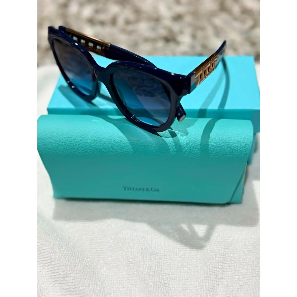 Tiffany Co TF4215 Blue Acetate Sunglasses Rose Gold Detail Italy 53-19 by Tiffany & Co.