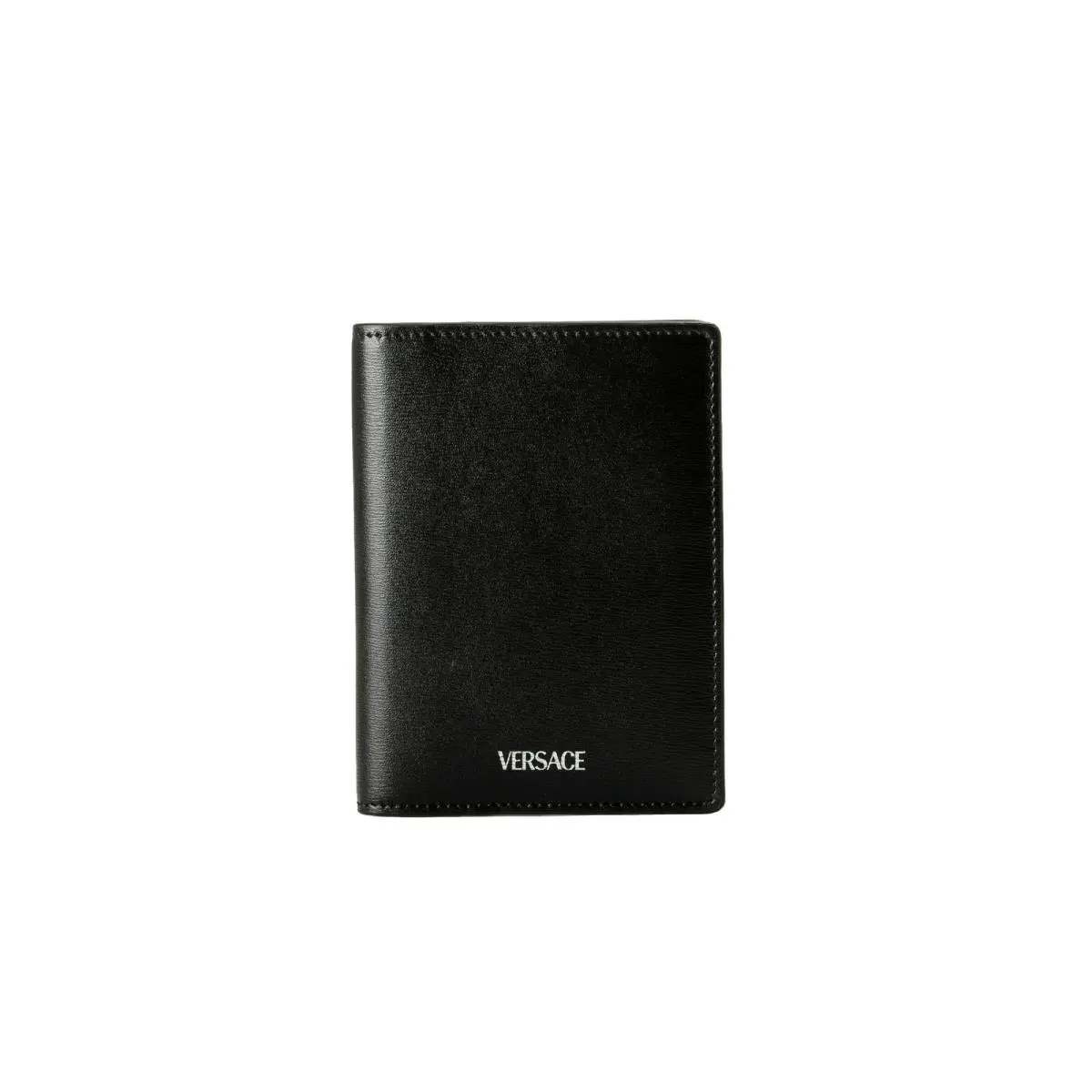 Versace Black Leather Silver Logo Print Card Case Holder Bifold Wallet