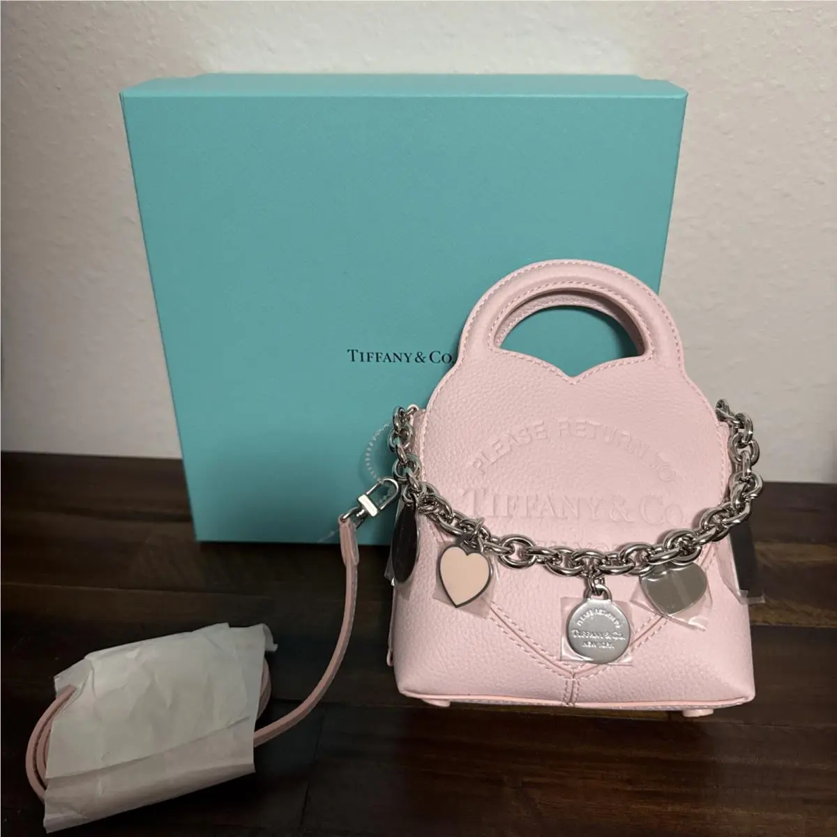 Tiffany Co Pink Leather Return to Mini Heart Crossbody Tote Bag Charms Silver by Tiffany & Co.