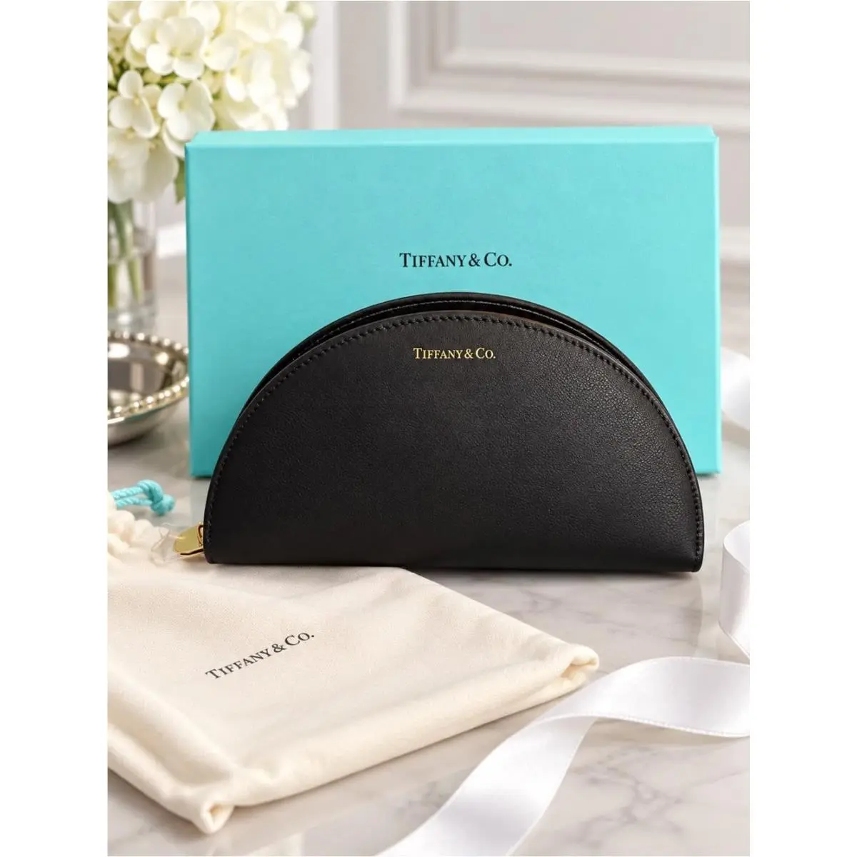 Tiffany Co. Black Half Moon Wallet Gold Zip by Tiffany & Co.
