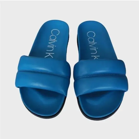 Calvin Klein Inira Flat Slides Slip-on T-strap Sandals Blue Leather US Size 10