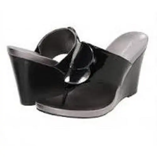 Calvin Klein Fran Black/platinum Patent Leather Thong Wedge Sandal Shoe 5.5M