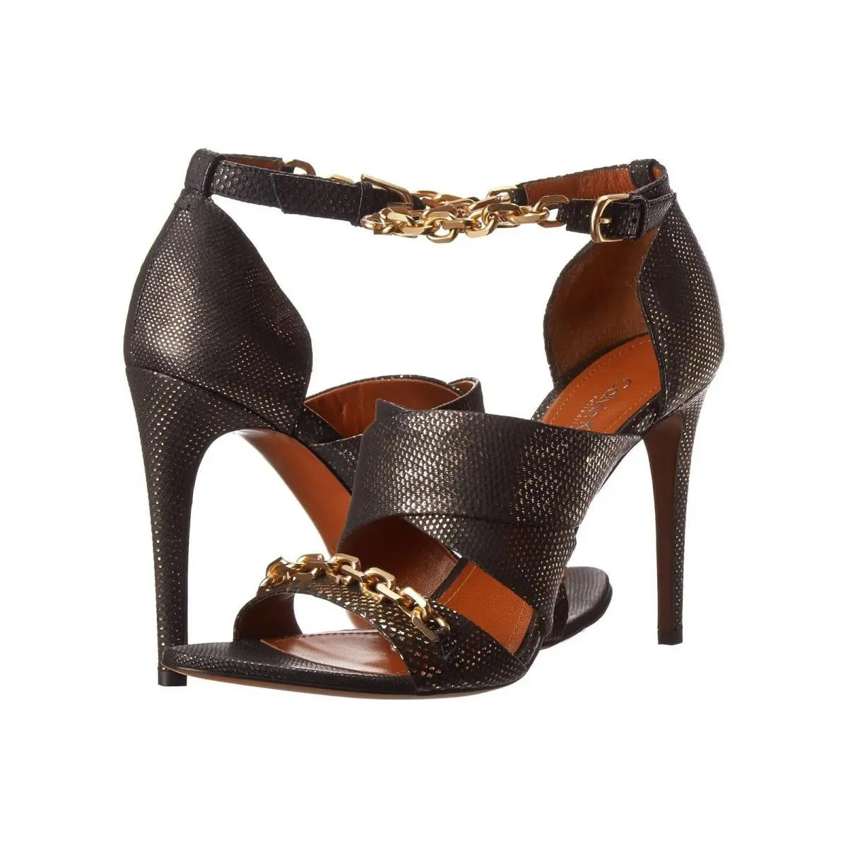 Calvin Klein Collection Monique Gold Foil Chain Open Toe Sandal sz 39.5