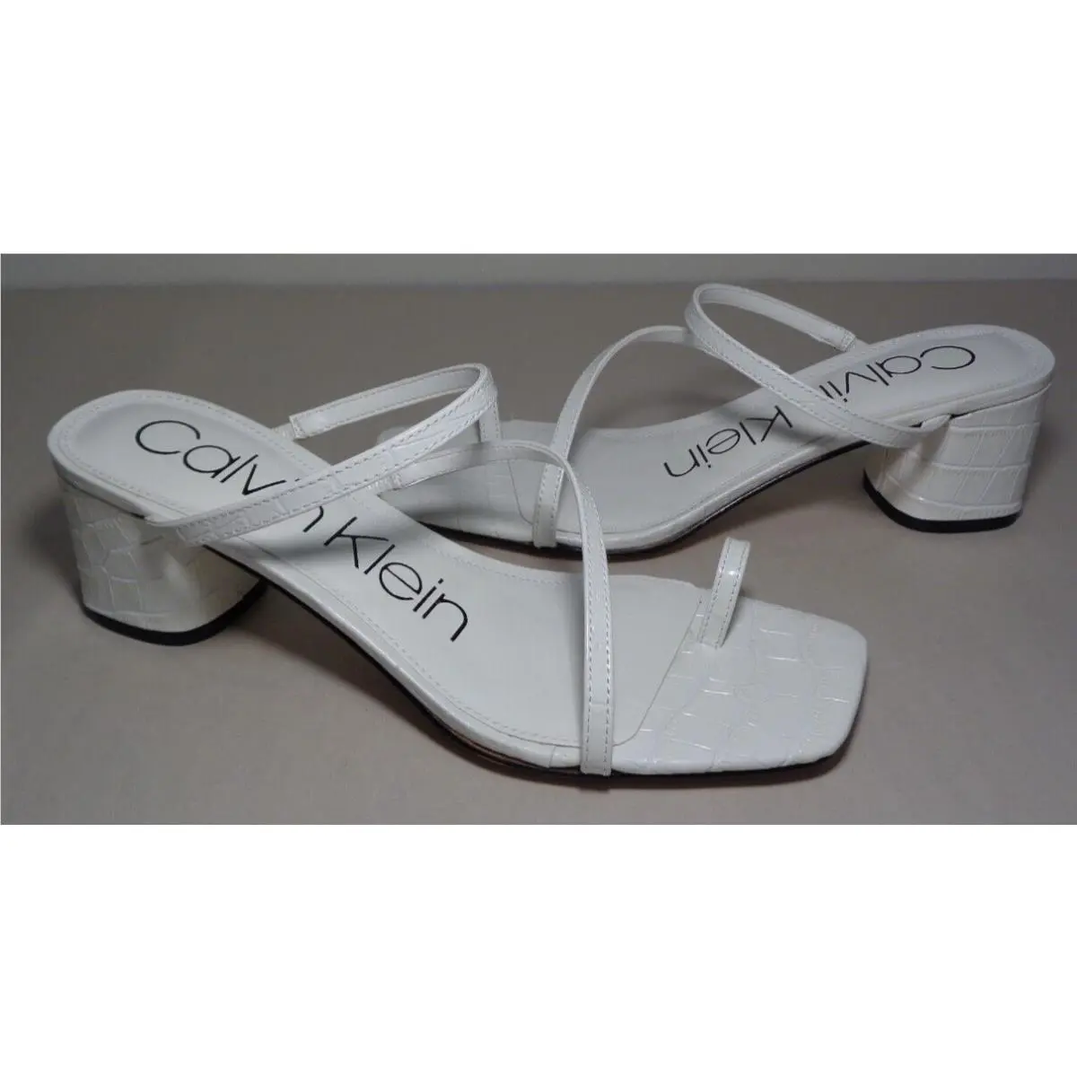 Calvin Klein Size 8.5 M Belma 2 White Leather Heeled Sandals Women`s Shoes