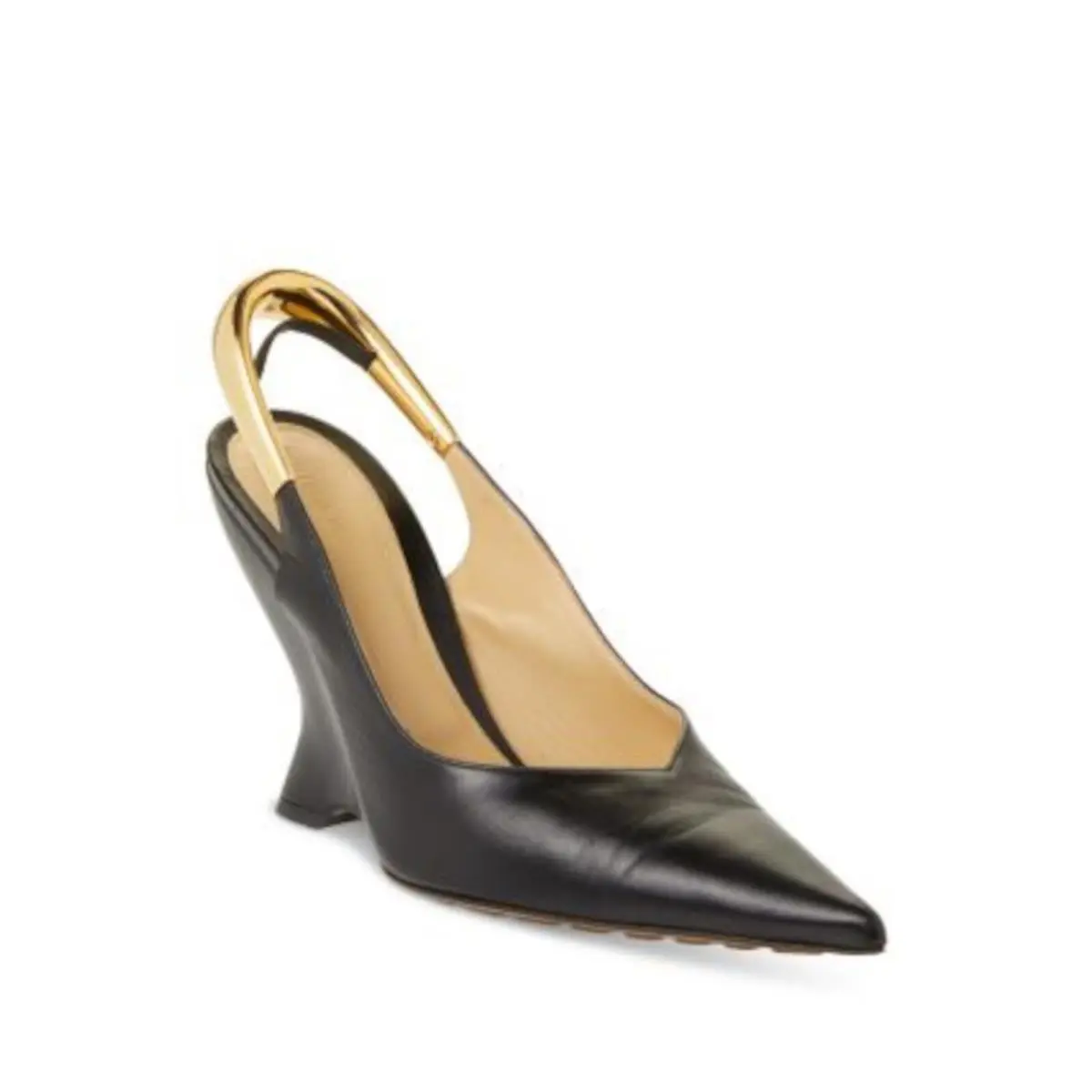 Bottega Veneta Womens Black Gold Tone Slingback Strap Punta Wedge Slingback 37.5