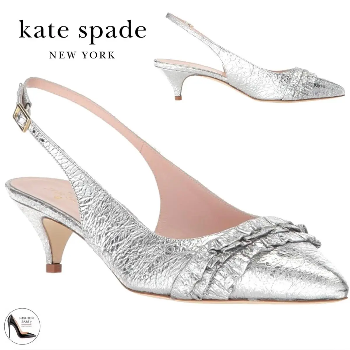 Kate Spade Oliene Silver Leather Ruffle Pointed Toe Slingback Kitten Heel Pump 6