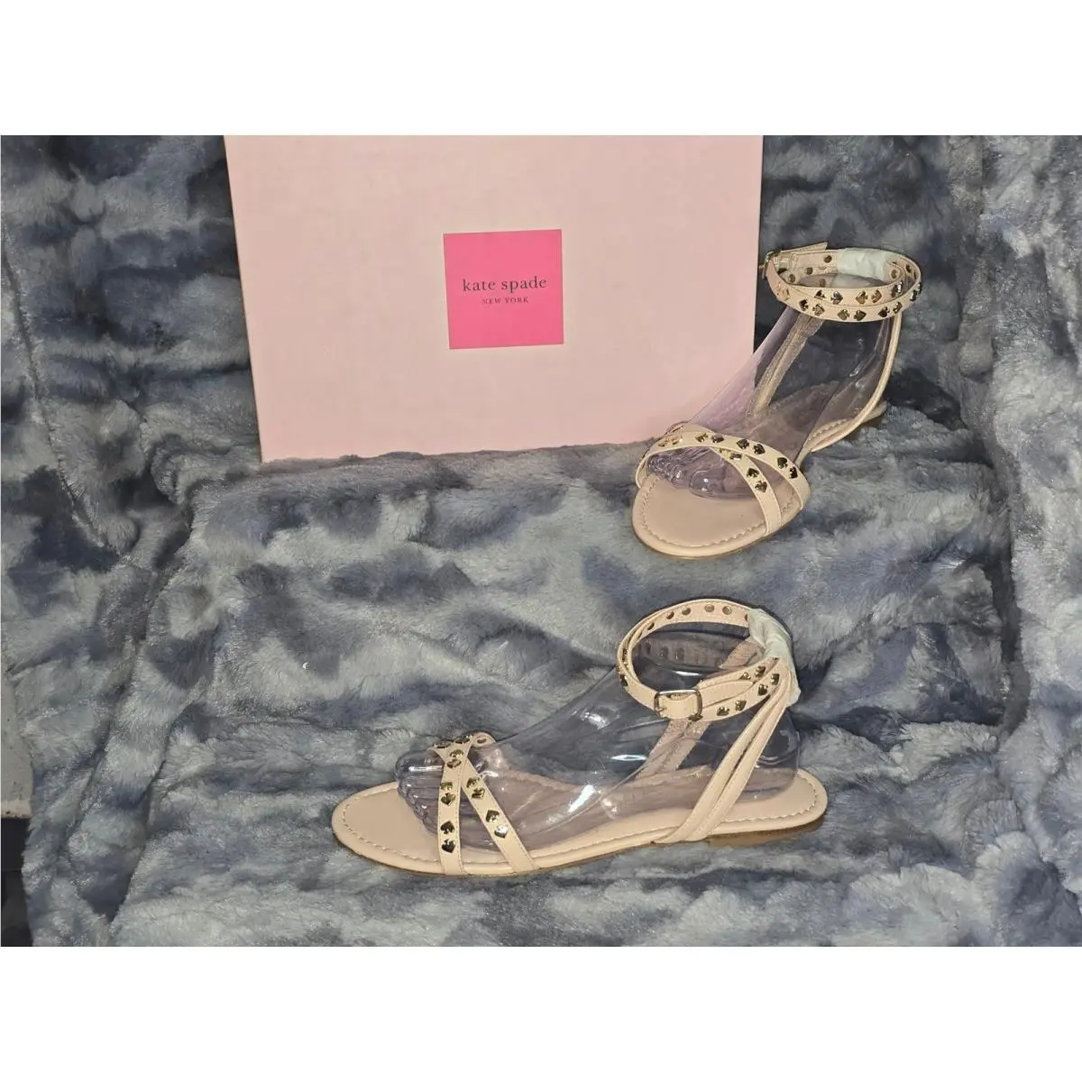 Kate Spade Liz Pale Vellum Metallic Nappa Studded Pinkish Sandals SZ 8