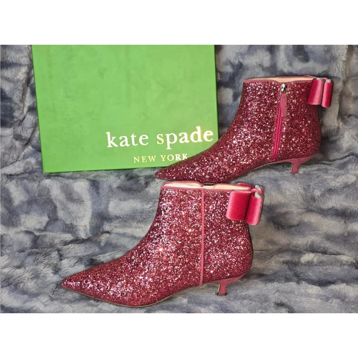 Kate Spade Donella Glitter Bow Ankle Bootied Rose Pink with Kitten Heel 9