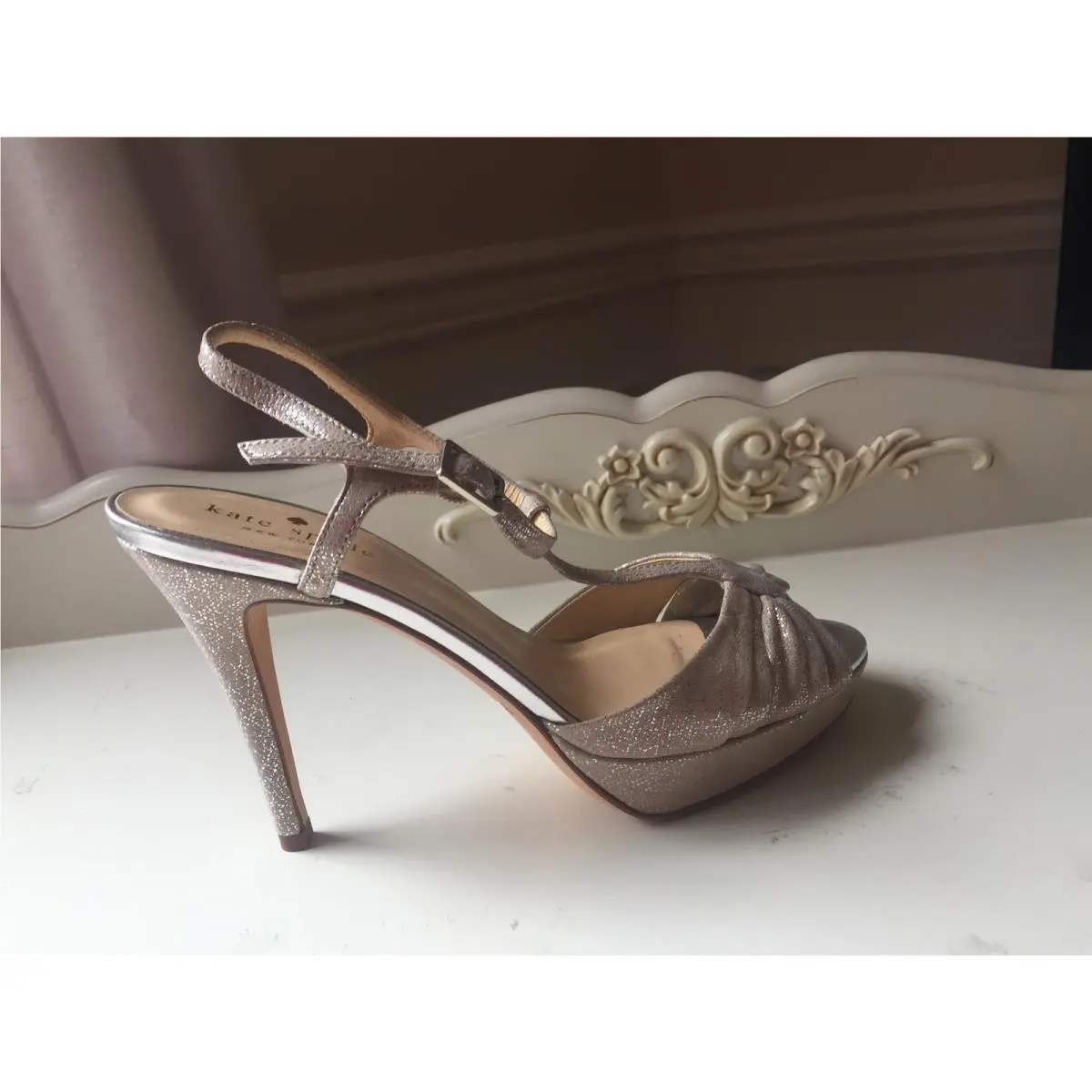 Kate Spade Garb Silver Lizard Print Sling Back High Heels Wedding Bridal sz 6 M