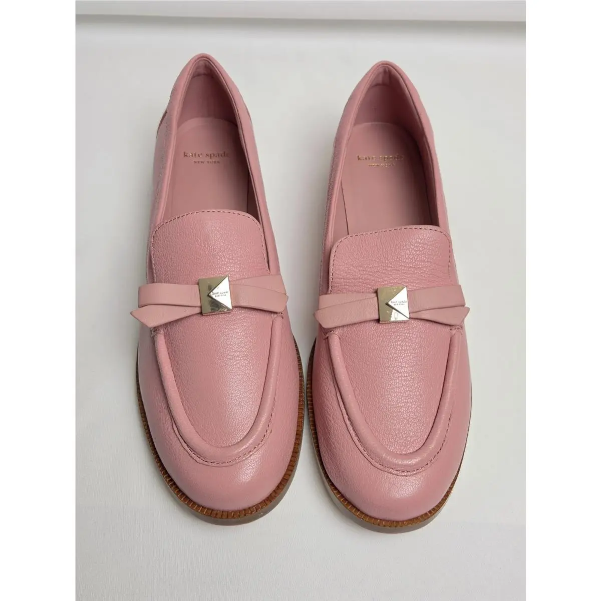 Kate Spade Deco Bow Pebb Loafer Barre Rare Pink Leather Shoes Size 9B