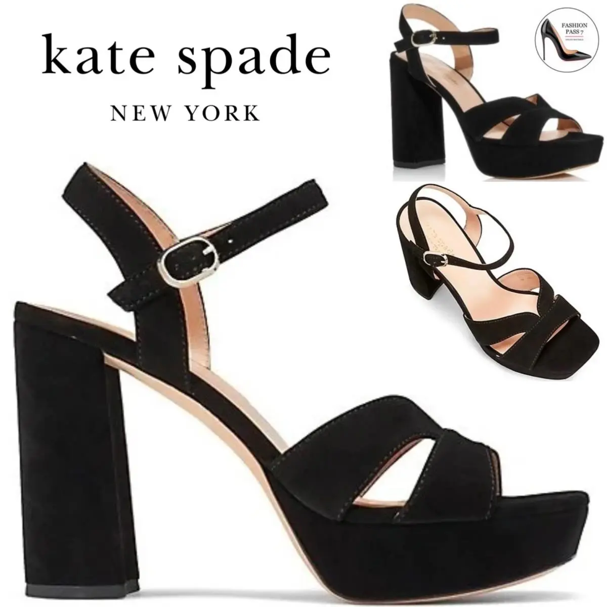 Kate Spade Delight Platform Heel Sandal Black Suede Block Heel Ankle Strap Pump