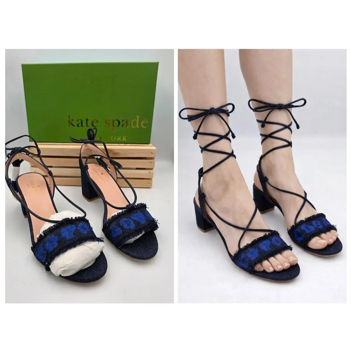 Kate Spade Wes Sandals Womens 8 Indigo Embroidered Denim Boho Lace Up S615020