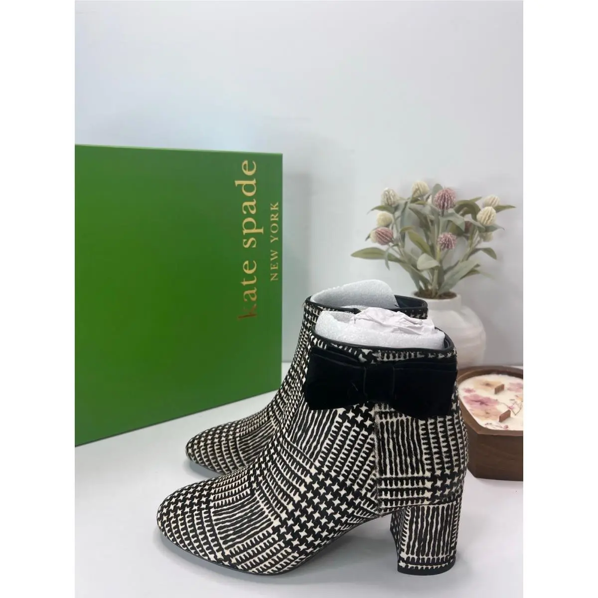 Kate Spade New York Holly Houndstooth Bow Bootie Black/white Women`s 7M