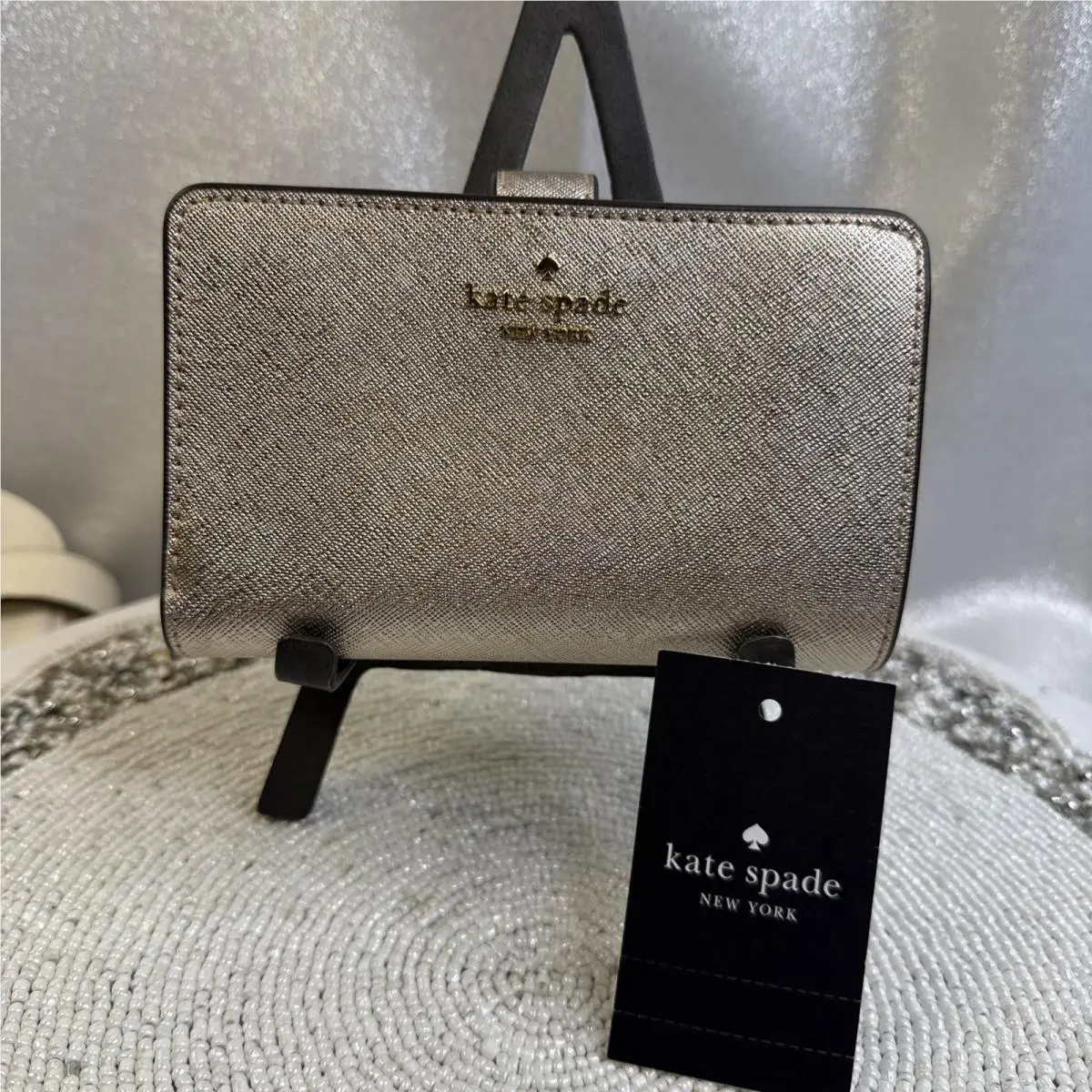 Kate Spade New York Glimmer Metallic Gold Leather Compact Bifold Wallet