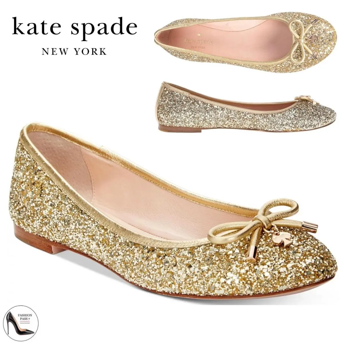 Kate Spade Willa Gold Glitter Ballet Flats Comfort Round‑toe Designer Shoes 5