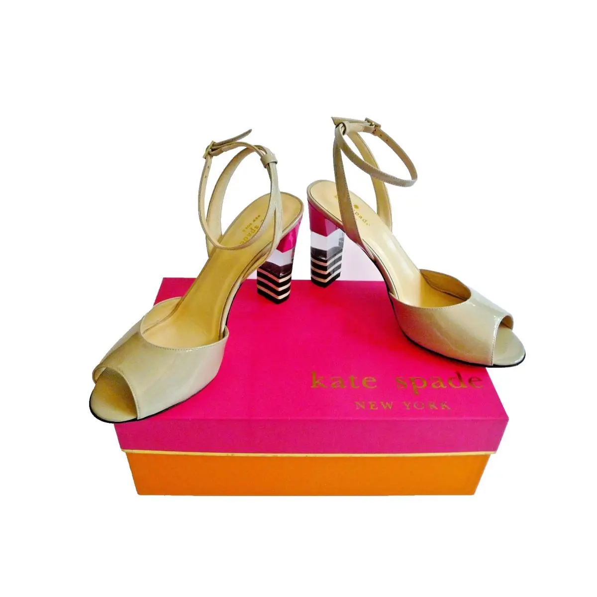 Kate Spade NY Heels Sandals Ankle Strap Ibezia Beige Striped Size 9 B