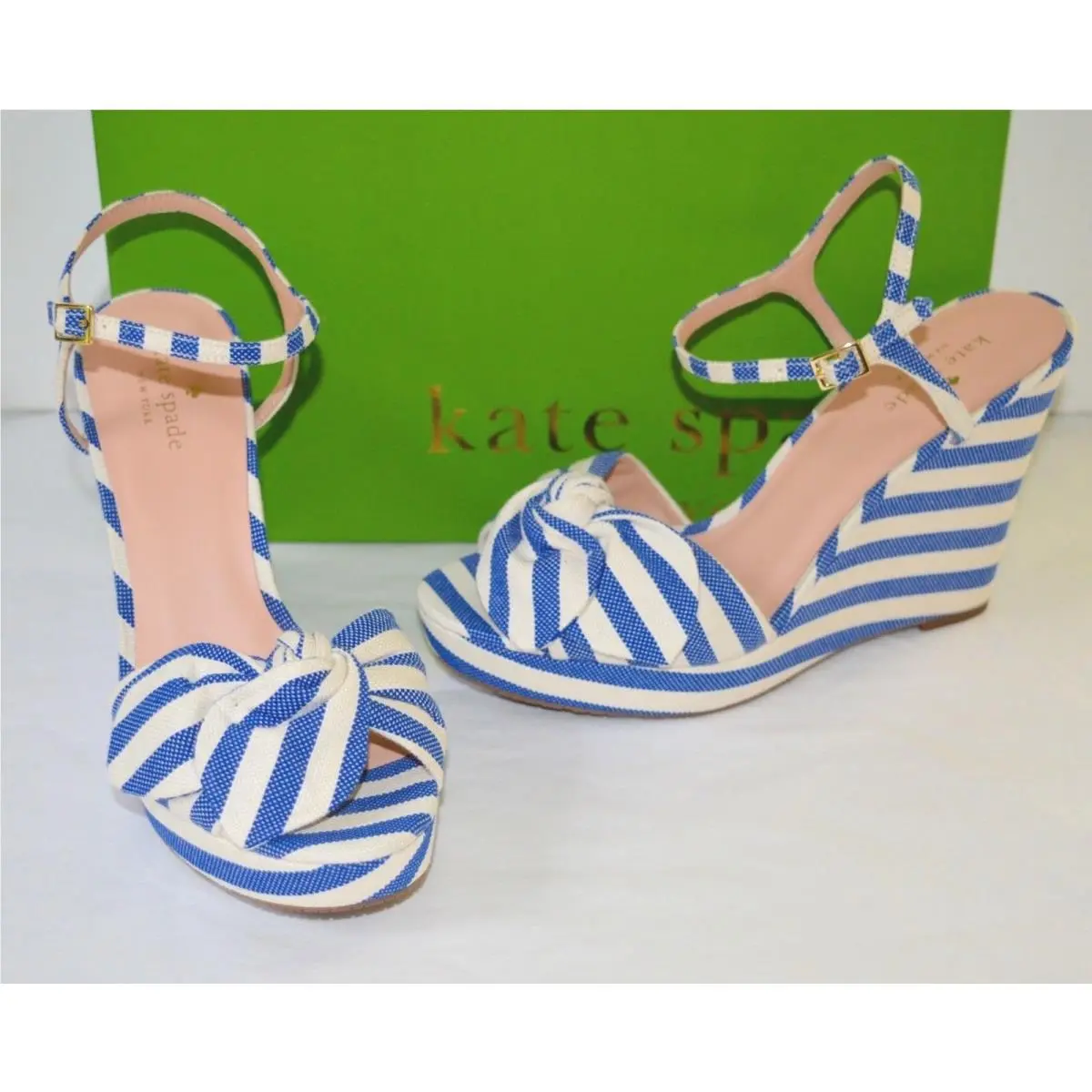 New Kate Spade New York Janae Blue/cream Stripe Wedge Platform Sandal