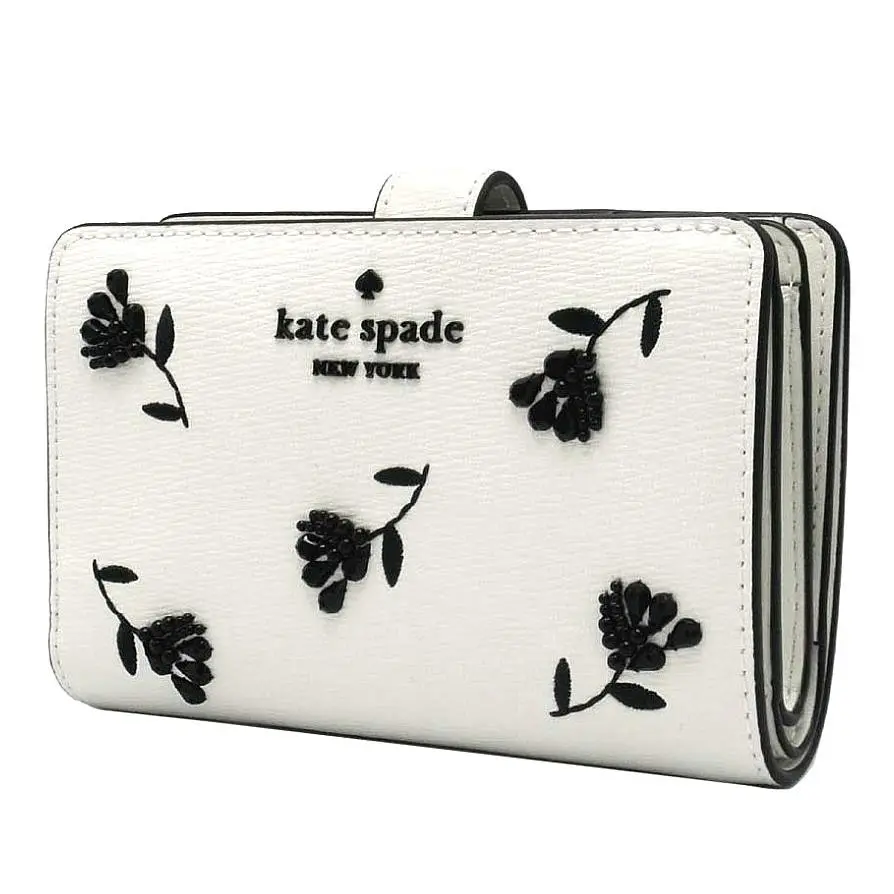 Kate Spade Meringue W/black Floral Beading Med Leather Bifold Wallet KN749
