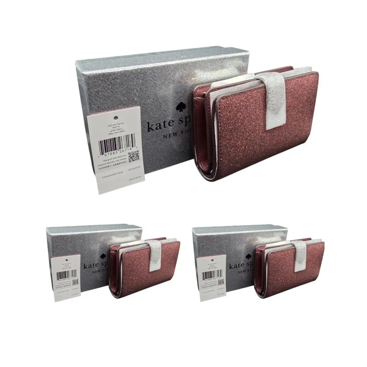 Kate Spade Resellers Lot 3 Boxed Glitter Medium Compact Bifold Wallets Deep Nova